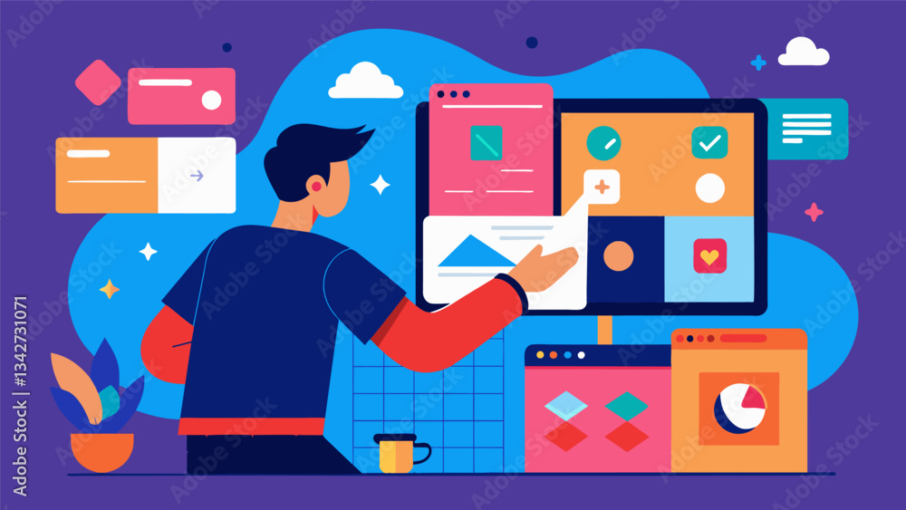 Obraz premium The layout designer adding final touches to the layout by arranging articles and photos in a visually appealing way.. Vector illustration