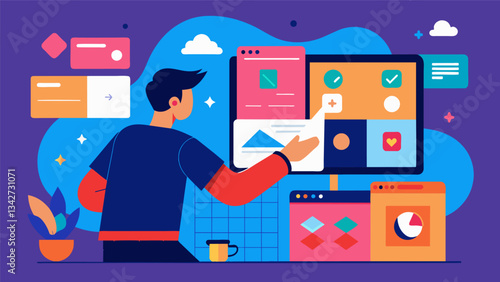 The layout designer adding final touches to the layout by arranging articles and photos in a visually appealing way.. Vector illustration