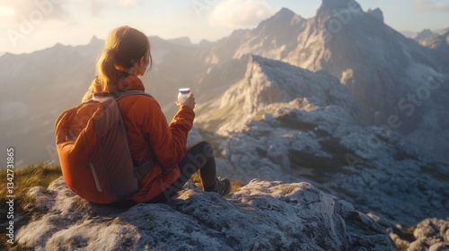 Wallpaper Mural Hiker Enjoying a Serene Mountain View with a Beverage in Hand Capturing the Essence of Adventu Torontodigital.ca