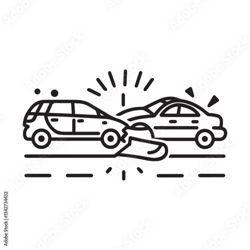 Two cars collide traffic accident black outline icon white background design.