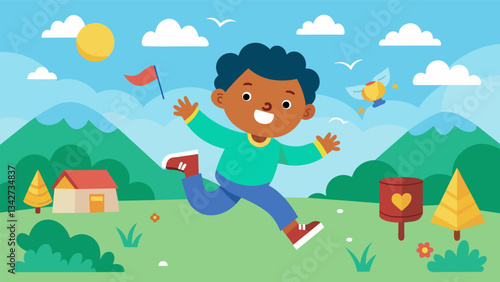 A child discovering the joy of playing outside with their imagination instead of being glued to a screen.. Vector illustration