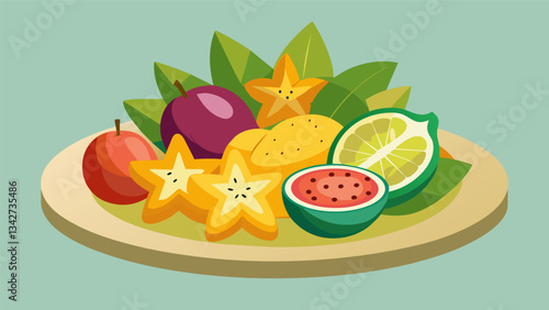 A tantalizing spread of exotic fruits from succulent star fruit to tangy passion fruit arranged on a round platter.. Vector illustration