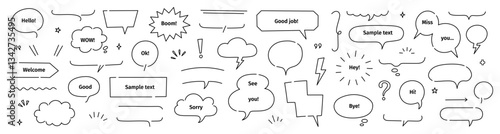 Line frame text speech bubble set. Line balloon frame design talk speech bubble frame. Comic japan style design background text dialog balloon, simple doodle cloud, box border. Vector illustration