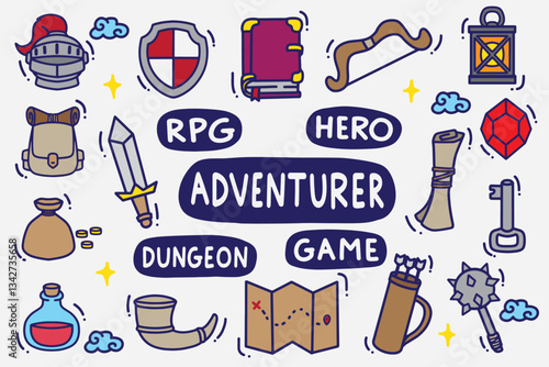 set of adventurer doodle with color good for background, wallpaper, element design, icon, etc	