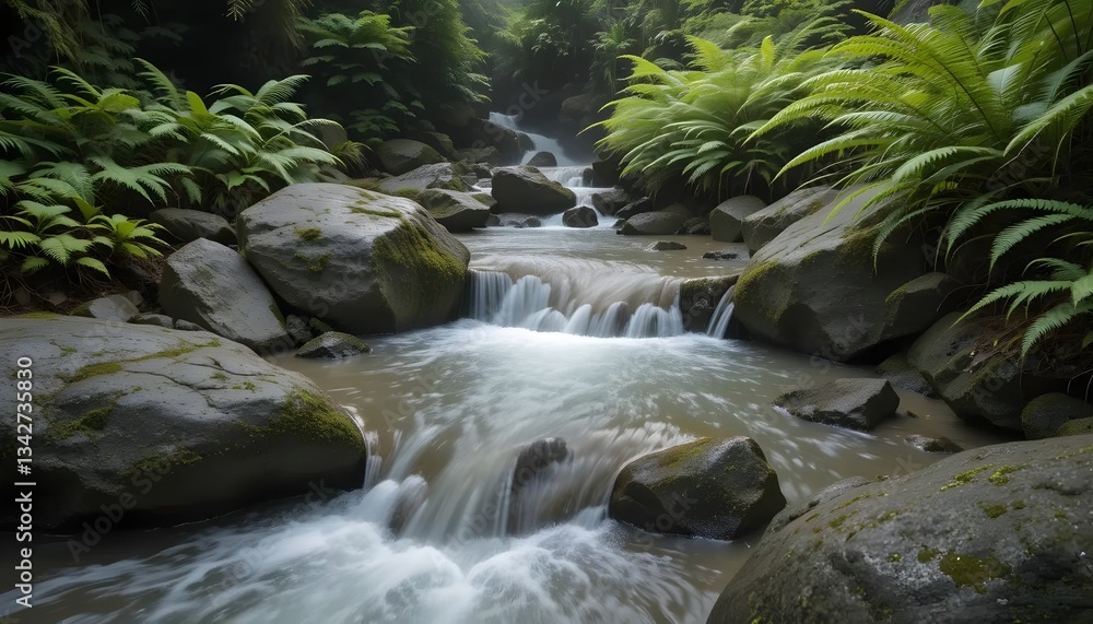 Serene Forest Stream with Waterfall and Lush Ferns Serene Forest Stream with Waterfall and Lush Ferns