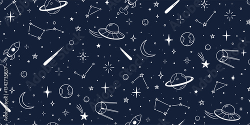 Space star vector seamless pattern. Hand drawn doodle sketch line style galaxy planet star, rocket, moon cute kid seamless pattern. Space planet kid doodle background. Vector illustration