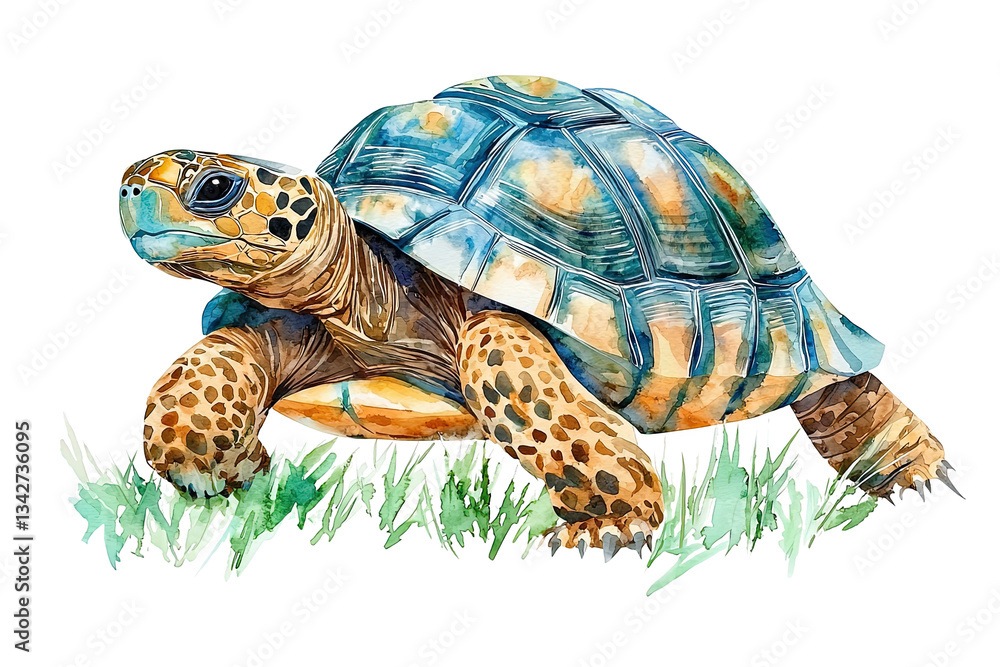 Obraz premium A detailed, artistic representation of a tortoise with a colorful shell, moving across vibrant green grass.
