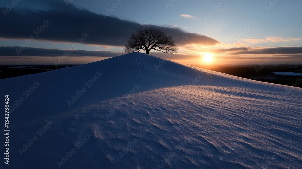 Winter sunset over snow-covered hill with lone tree Winter sunset over snow-covered hill with lone tree