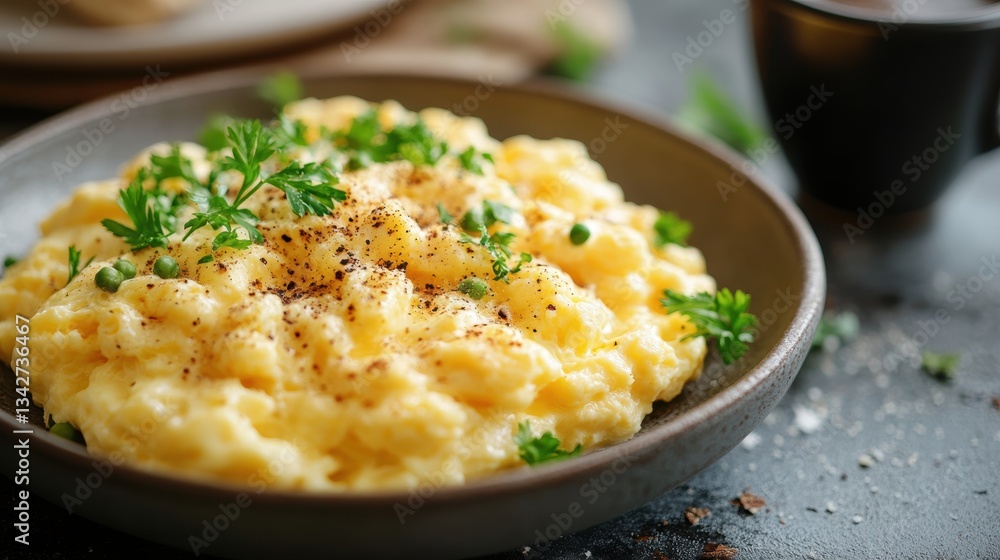 A golden-brown canvas of scrambled eggs, kissed by a sprinkle of cheese, and a dark, aromatic cup of freshly brewed coffee, the perfect start to a sunny day. A golden-brown canvas of scrambled eggs, kissed by a sprinkle of cheese, and a dark, aromatic cup of freshly brewed coffee, the perfect start to a sunny day.