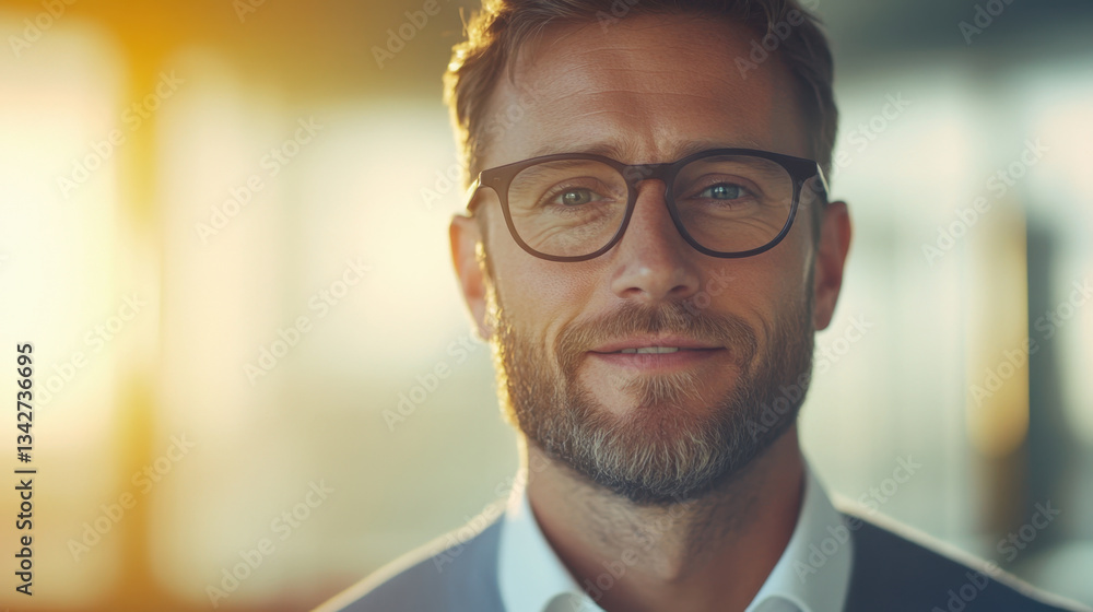Obraz premium man smiling confidently, wearing glasses, with warm background glow. His expression conveys positivity and approachability, making him relatable and engaging