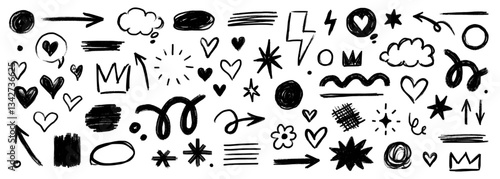 Pencil brush shape line element set. Hand drawn sketch doodle crayon kid chalk texture color element arrow,.heart, crown shape. Chalk pencil brush texture background. Vector illustration