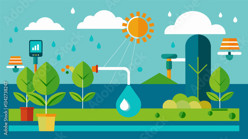 An automated crop irrigation system that uses data on weather patterns and soil conditions to adjust watering schedules and conserve resources.. Vector illustration