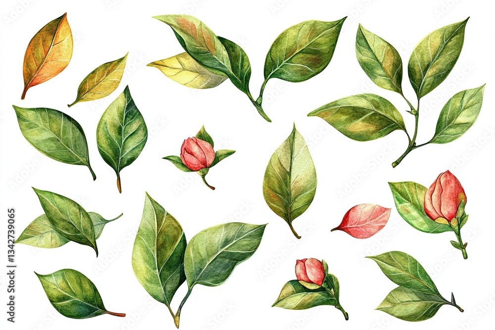 Set of watercolor Camellia Leaves hand drawn on a white background Set of watercolor Camellia Leaves hand drawn on a white background