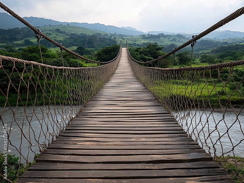 Pedestrian bridge with rope sides and wooden planks, curving over a wide river in a remote rural region Pedestrian bridge with rope sides and wooden planks, curving over a wide river in a remote rural region