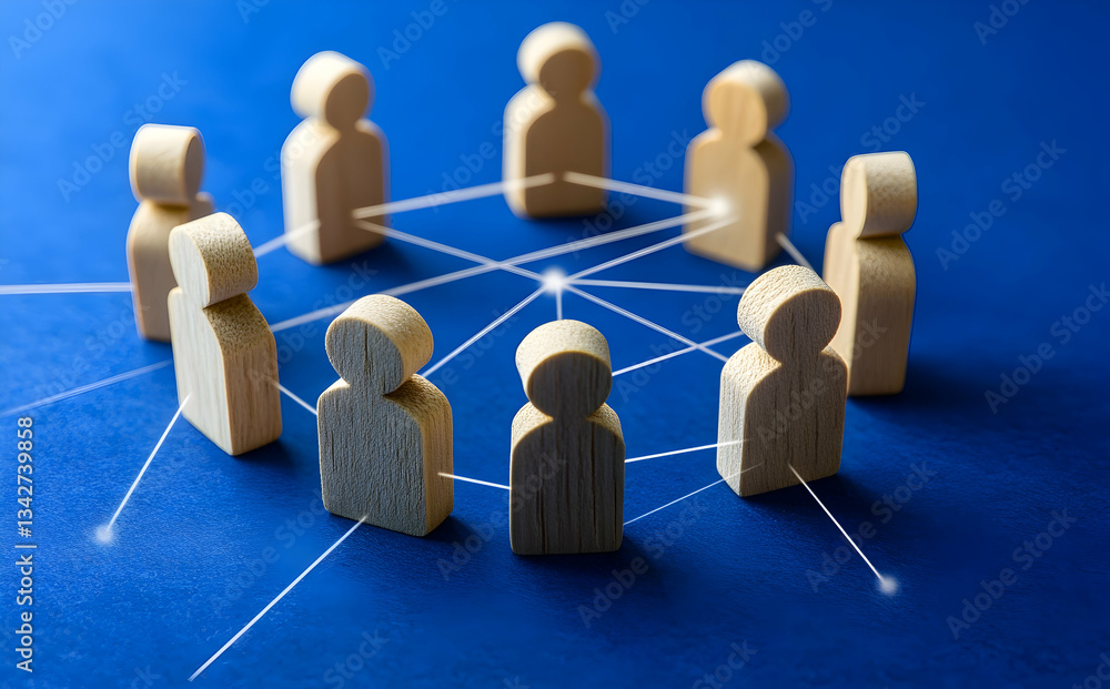 Obraz premium Wooden Figures Representing Social Networks On A Blue Background With Connections And Lines Representing Relationships And Interactions. Figures On Blue Background Showing