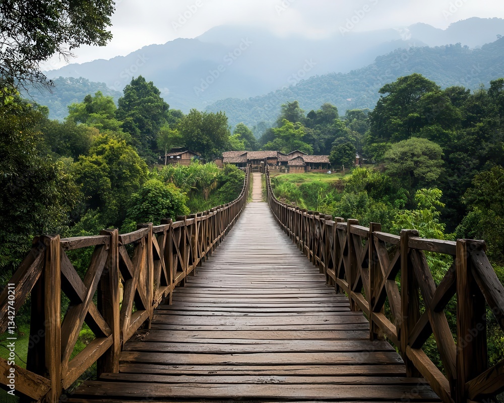Timber pedestrian bridge nestled between forested hills, leading to a small rural village Timber pedestrian bridge nestled between forested hills, leading to a small rural village