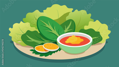 A unique combination of veggie chips made from beet greens kale and turnip greens served with a bold tomato and basil dip.. Vector illustration