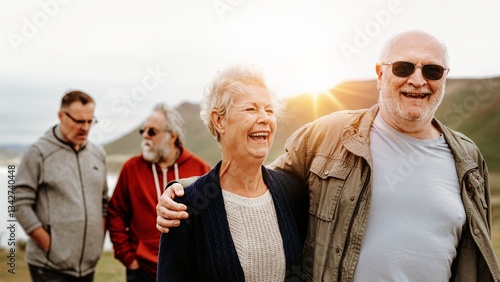 Φωτογραφία Elderly Caucasian couple and friends smiling outdoors, Group of elderly friends enjoying a sunny day outdoor nature