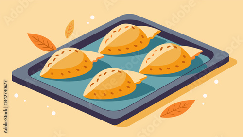 Once they have cooled slightly the empanadas are carefully removed from the baking sheets and p on a serving platter.. Vector illustration