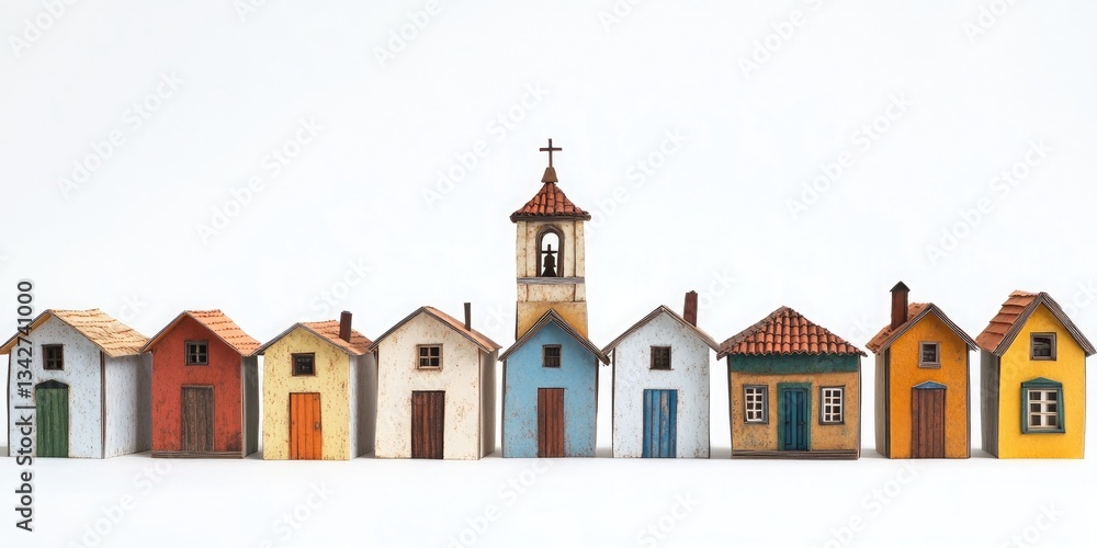A row of small buildings in a Brazilian town, with one church on top, made from paper models, against an isolated white background, for product photography A row of small buildings in a Brazilian town, with one church on top, made from paper models, against an isolated white background, for product photography