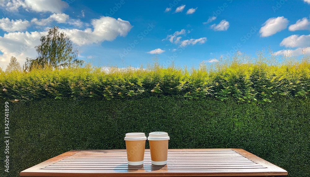 Fototapeta premium グリーンの植物に囲まれた屋外のカフェテーブルにテイクアウト用コーヒーカップが置かれ、青空と白い雲が広がる春の心地よいシーン 