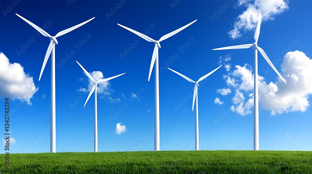 Fototapeta premium Harnessing wind energy wind turbines in a green landscape under clear blue skies