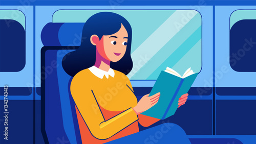A passenger reads a book on mindfulness during their train ride engaging in selfcare instead of scrolling through their phone.. Vector illustration