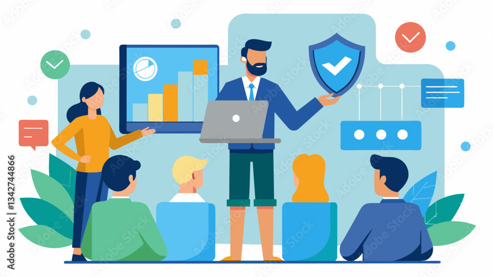 An interactive presentation at a community center discussing the importance of data protection and how to avoid falling victim to cyber scams.. Vector illustration An interactive presentation at a community center discussing the importance of data protection and how to avoid falling victim to cyber scams.. Vector illustration