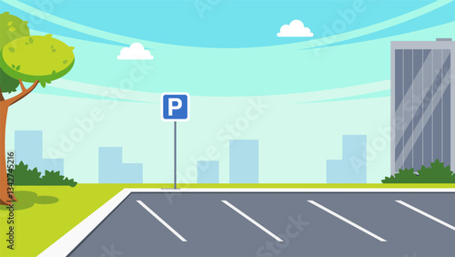 City street parking area, empty car parking spaces on park with road sign, bar signpost, urban infrastructure for automobiles cartoon vector illustration