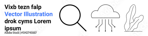Photos Magnifying glass, cloud with nodes reflecting technology and data, plant elements combining search, connectivity, and eco-friendly design ideas