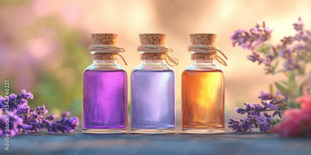 Bottles with essential oils in vibrant colors, surrounded by flowers, create serene and calming atmosphere. soft focus enhances beauty of nature Bottles with essential oils in vibrant colors, surrounded by flowers, create serene and calming atmosphere. soft focus enhances beauty of nature