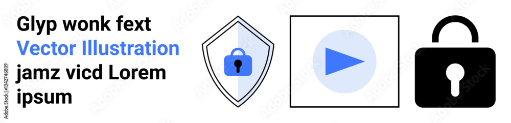 Lock on shield, play button inside circle, black padlock symbol. Ideal for cybersecurity, video security, privacy, protection, authentication, data safety flat landing page banner Lock on shield, play button inside circle, black padlock symbol. Ideal for cybersecurity, video security, privacy, protection, authentication, data safety flat landing page banner