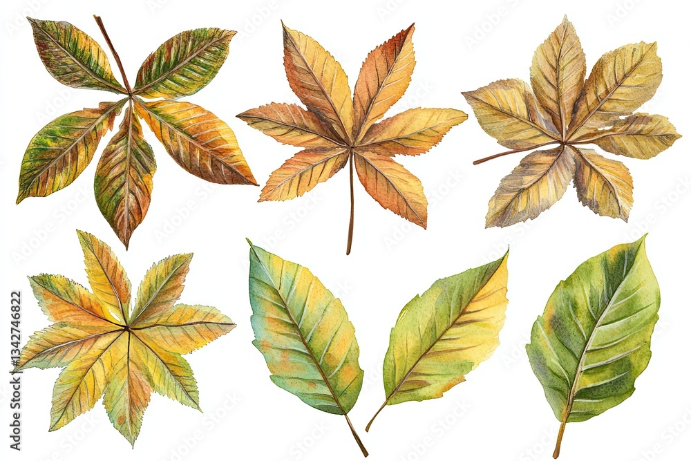 Obraz premium Set of watercolor Chestnut Leaves hand drawn on a white background