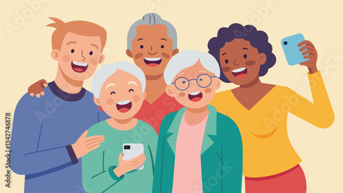 A group of seniors giggling as they take a silly Snapchat video together showcasing their playful personalities.. Vector illustration