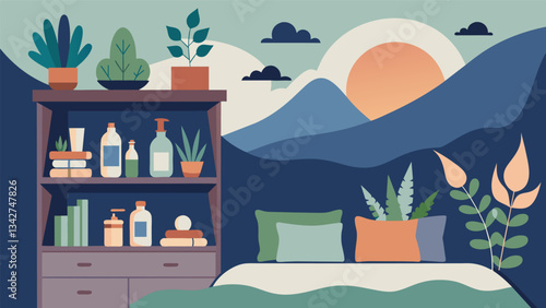A natureinspired bedroom with a calming color palette and a shelf of essential oils promoting a tranquil environment for better sleep without the presence of technology.. Vector illustration