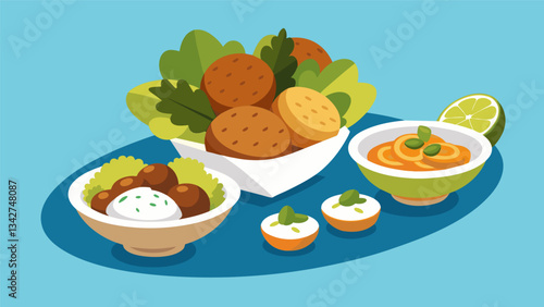 A spread of Mediterranean flavors boasting crispy falafel crispy dolma and zesty feta cheese.. Vector illustration