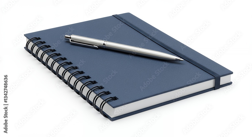 Blue notebook with a silver pen resting on top ready for writing Blue notebook with a silver pen resting on top ready for writing