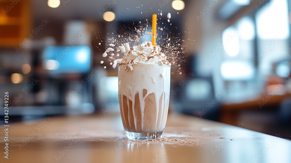A blurred motion shot of a milkshake being set on the table A blurred motion shot of a milkshake being set on the table
