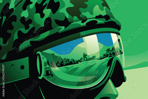 Close-up shot of a camouflage military helmet featuring a visor reflecting the image of a bat.  High detail, realistic rendering.