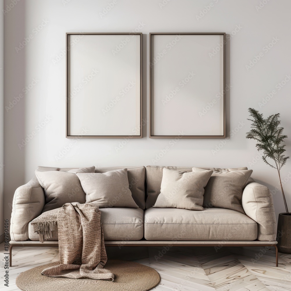 Two blank frames hang above a beige sofa with throw blanket in a minimalist living room with a jute rug and a potted plant Two blank frames hang above a beige sofa with throw blanket in a minimalist living room with a jute rug and a potted plant