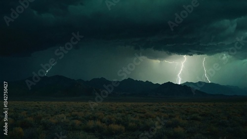 Dark Desert Landscape with Lightning Storm at Night photo