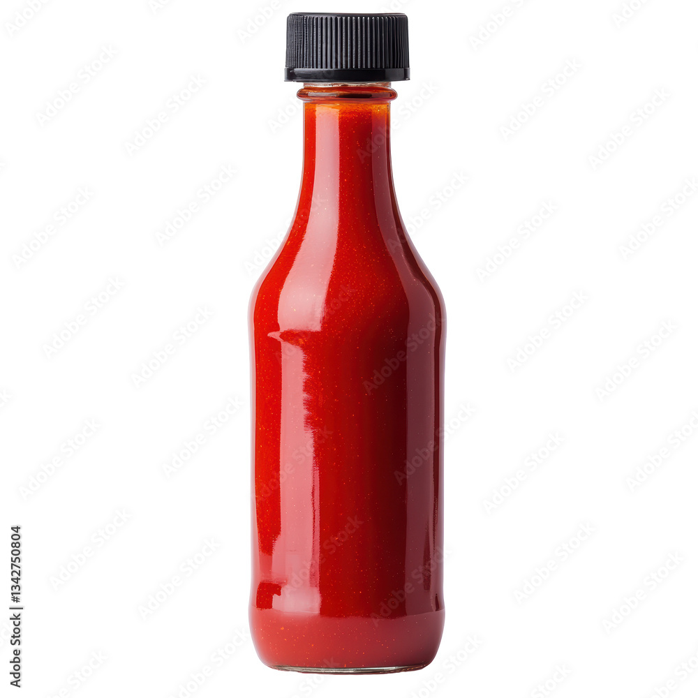 Clear glass bottle with red hot sauce and black cap isolated on white background Clear glass bottle with red hot sauce and black cap isolated on white background
