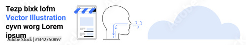 Human head with airflow arrows, paper document, and cloud symbol. Ideal for health, education, technology, data visualization, air quality, learning materials simple landing page