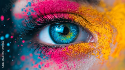A close-up of a vibrant eye adorned with colorful paint splashes, showcasing an artistic and expressive representation.