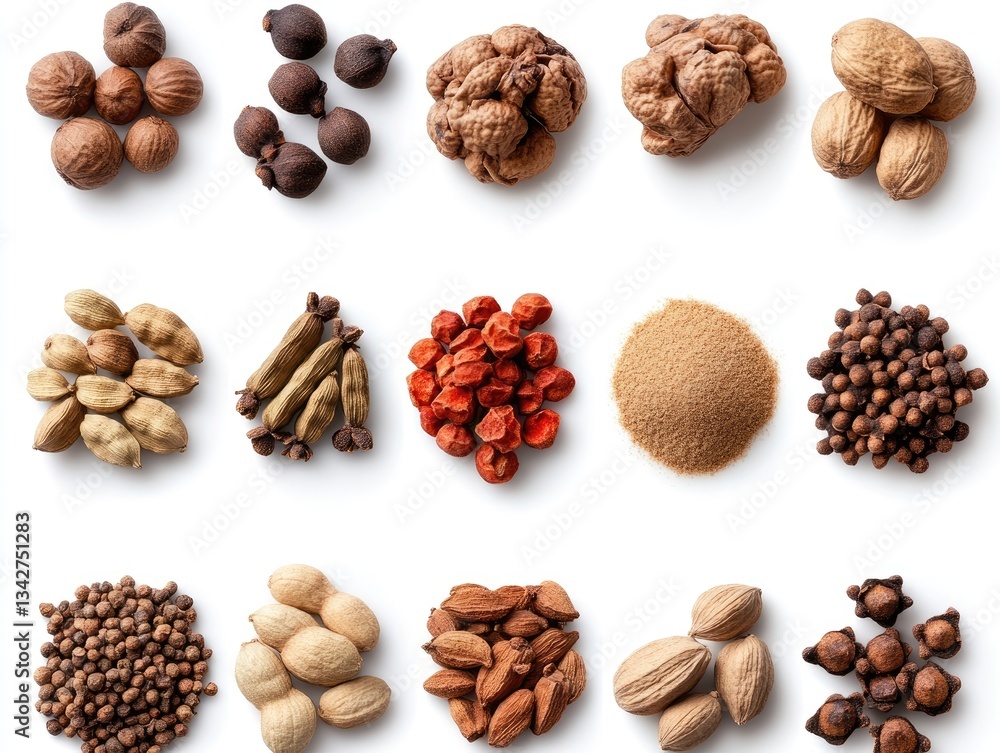 Assorted Culinary Spices & Nuts on White Background Assorted Culinary Spices & Nuts on White Background