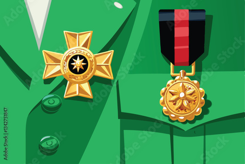 Close-up shot of military badges and medals meticulously pinned onto a uniform, showcasing intricate details and craftsmanship.