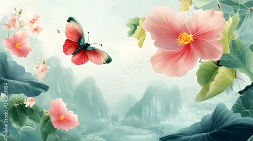 Chinese ink-style flower and butterfly background image