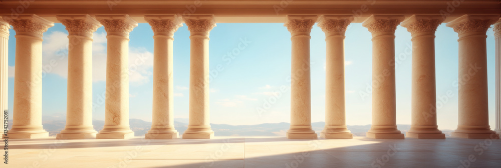 Fototapeta premium Ancient Greek style Roman columns create majestic view, showcasing architectural beauty and elegance against serene sky. sunlight enhances grandeur of scene