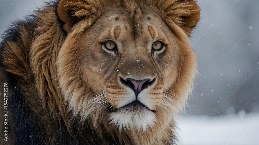 Fototapeta premium Majestic Panthera leo fossilis Close-Up Featuring Powerful Jaw and Dense Fur in a Snowy Setting