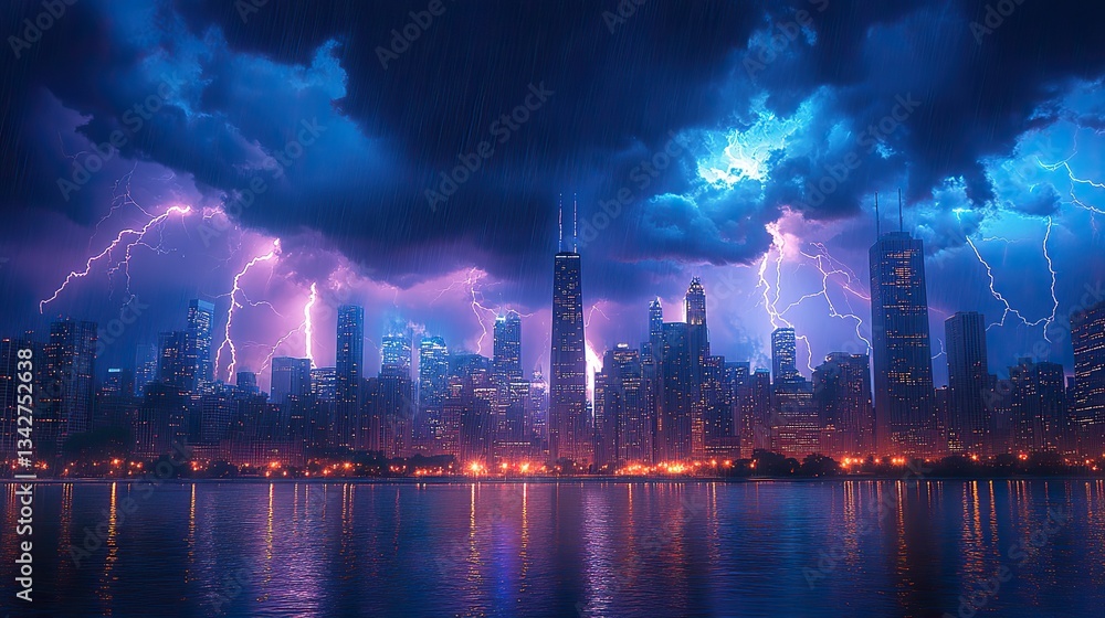 Obraz premium A dramatic, powerful scene- nature's fury over modern civilization, as multiple lightning strikes illuminate a vast cityscape at night